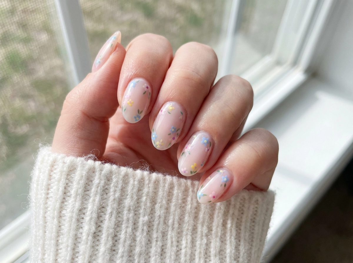 أظافر فتاة ناعمة يابانية، قاعدة حليبية شفافة، زهور باستيل صغيرة، طبقة علوية لامعة، إضاءة هوائية ساطعة