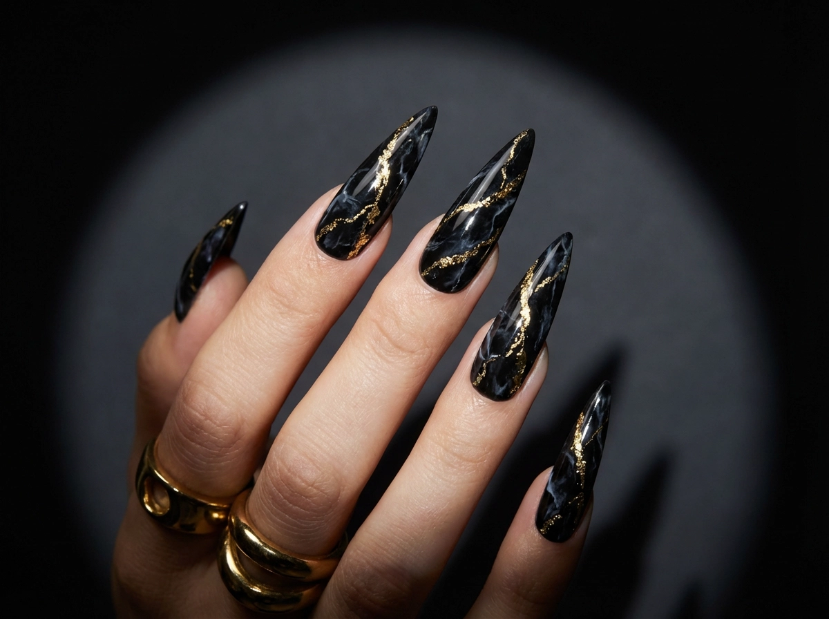 أظافر ستيليتو فاخرة بملمس رخام أسود وأوردة ذهبية، إضاءة درامية، فن أظافر تحريري عالي الموضة
