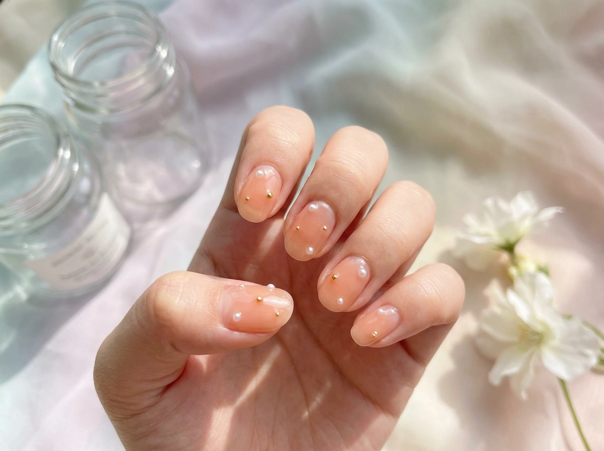 أظافر جيلي كورية ناعمة، لون خوخي شفاف، زخارف لؤلؤية، تصوير تجميلي ساطع وهوائي
