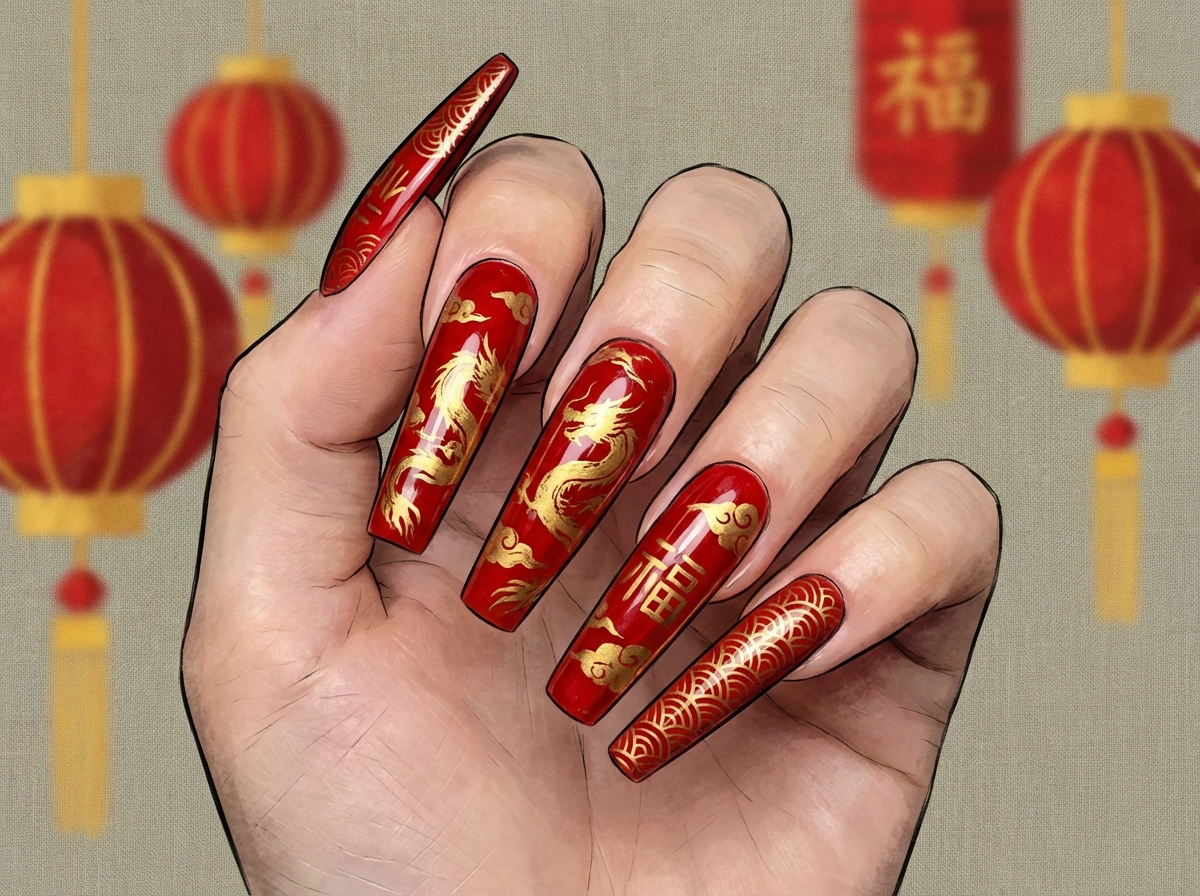 أظافر فنية لرأس السنة الصينية الجديدة، أنماط صينية تقليدية، ملمس طلاء أحمر، تفاصيل حبر ذهبي، أسلوب اندماج غوچاو حديث، مظهر رسم توضيحي أزياء