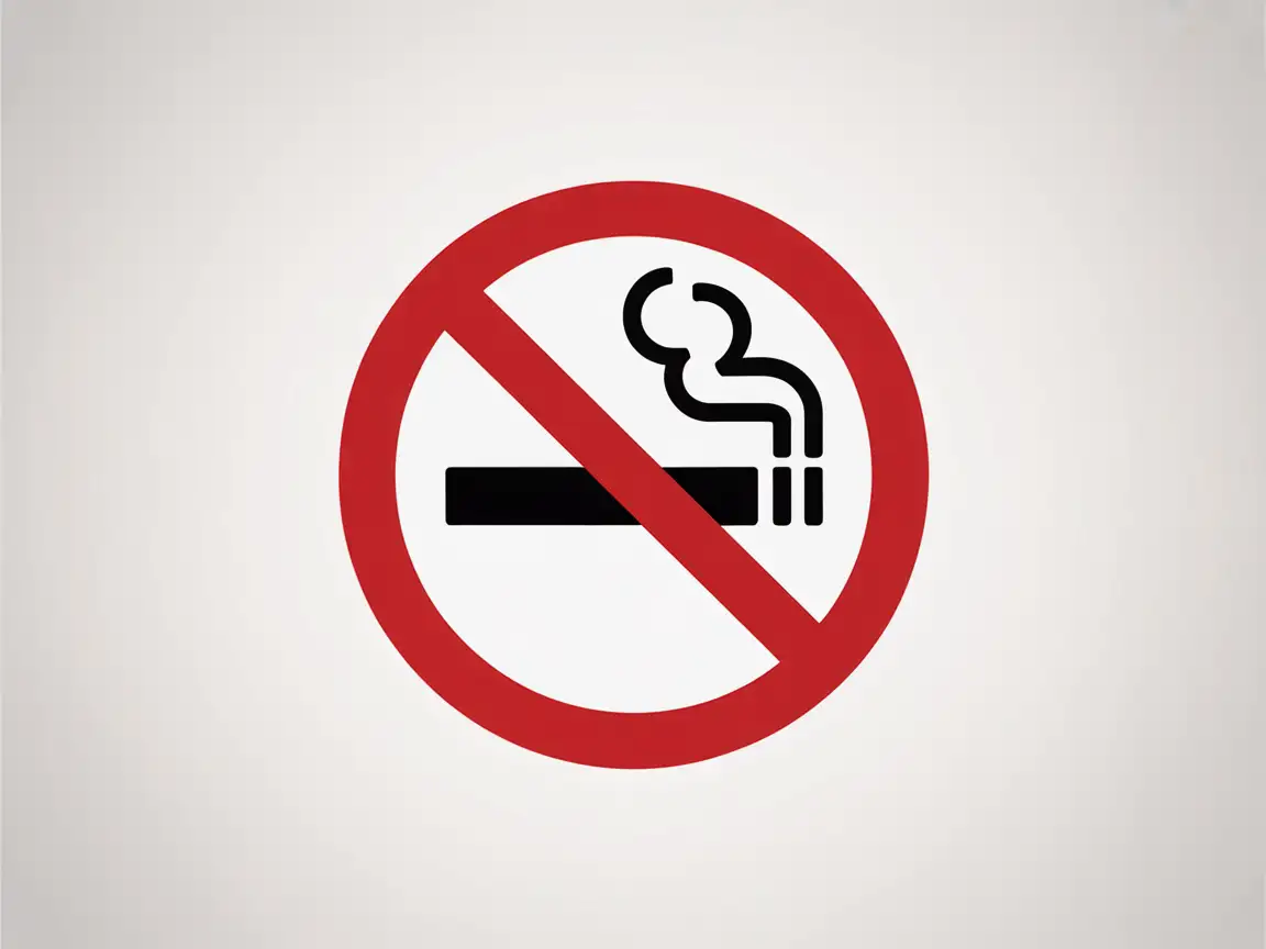 A bold no-smoking icon with a red circle and slash, clean vector style, high-contrast, white background, safety signage design.
