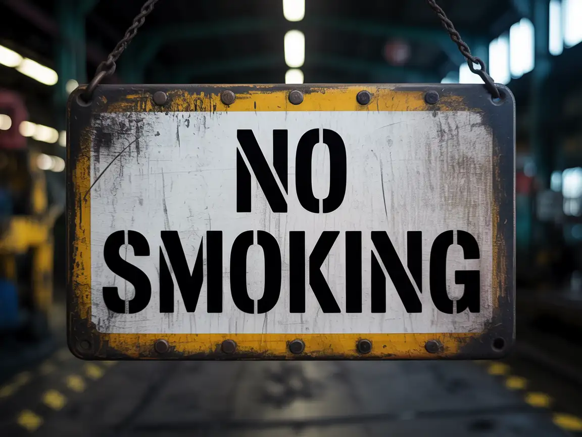 High-contrast no smoking sign with thick strokes and industrial warning aesthetics, workplace safety poster style.