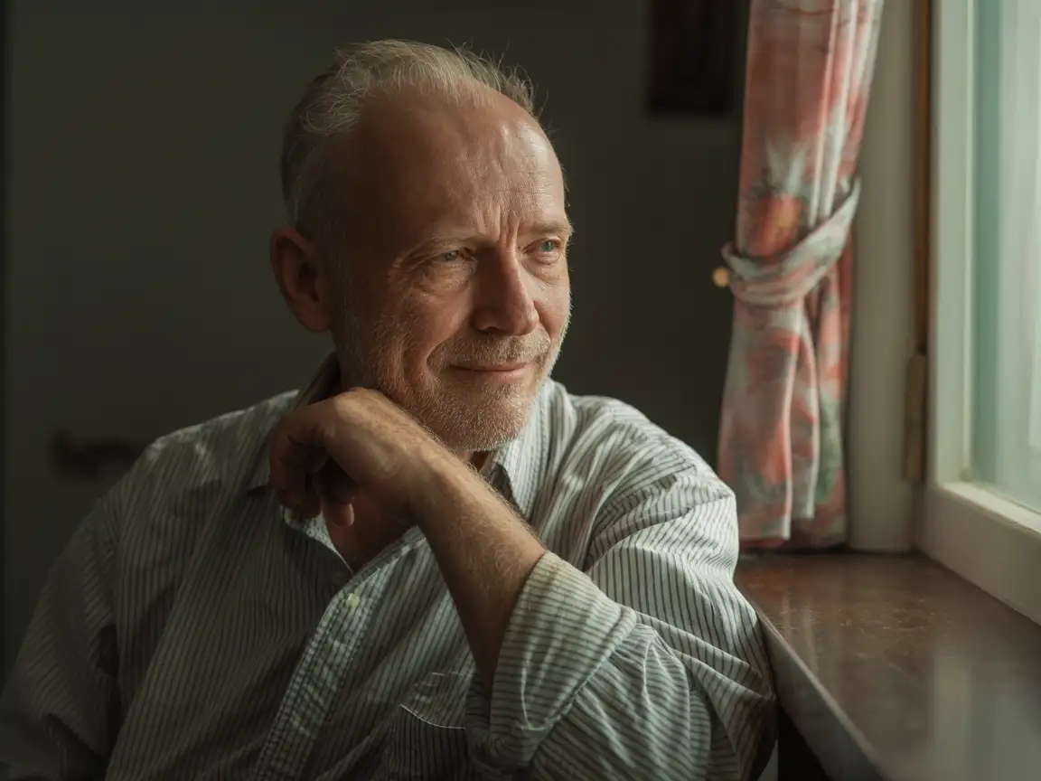 A wise old man sitting by a window, soft morning sunlight illuminating his face, gentle smile, realistic photography, cinematic lighting, shallow depth of field