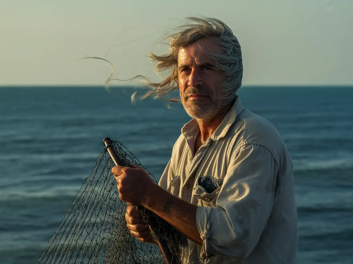 A fisherman in his seventies holding a net by the sea, wind blowing through his gray hair, realistic texture and lighting