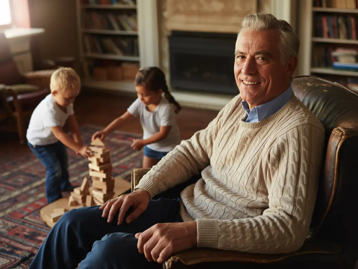 Old man smiling warmly at his grandchildren, soft focus, homely environment, natural indoor light