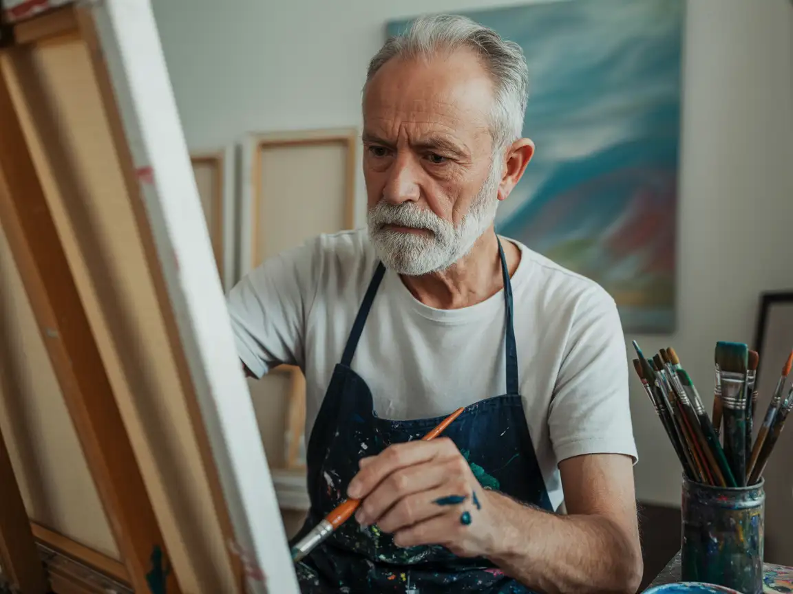 Portrait of an elderly artist painting in a studio, paint stains on his hands, surrounded by canvases and brushes, soft daylight