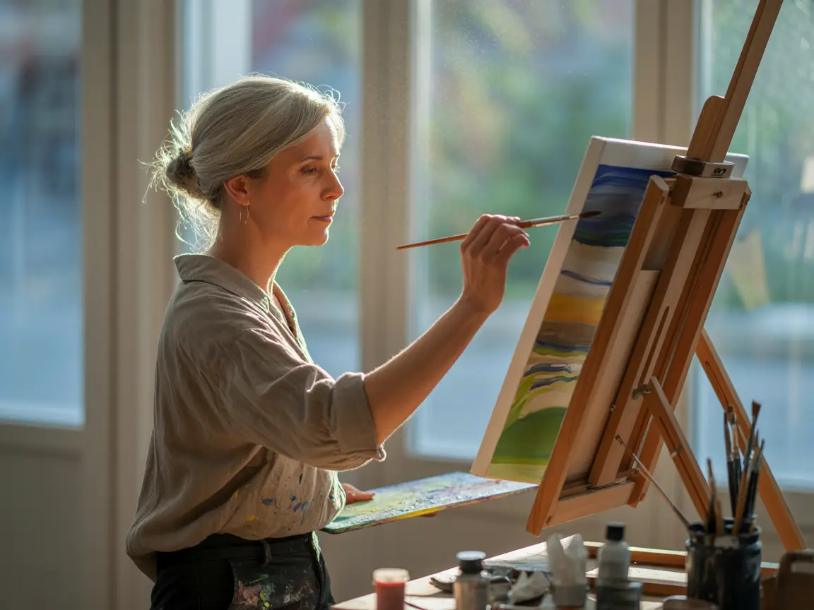 Mature woman painting in her studio, natural lighting, focused expression, artistic and calm atmosphere.