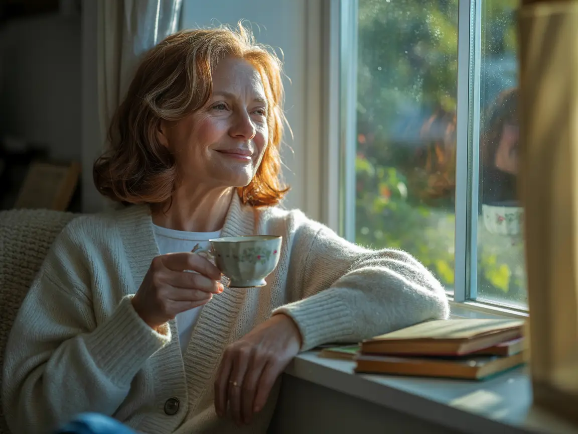 Older woman enjoying tea at a window seat, soft morning sunlight illuminating her face, subtle smile.