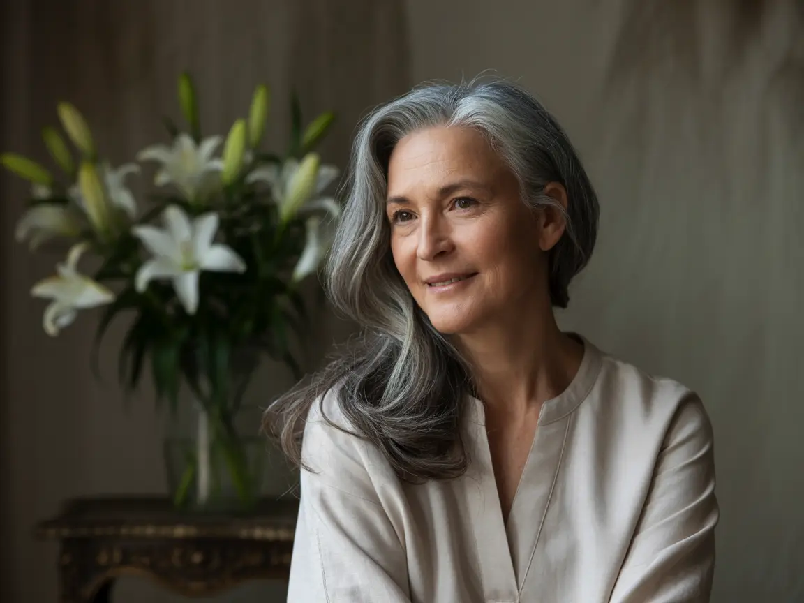 Portrait of a distinguished older woman with long gray hair, wearing a casual blouse, warm and friendly expression.