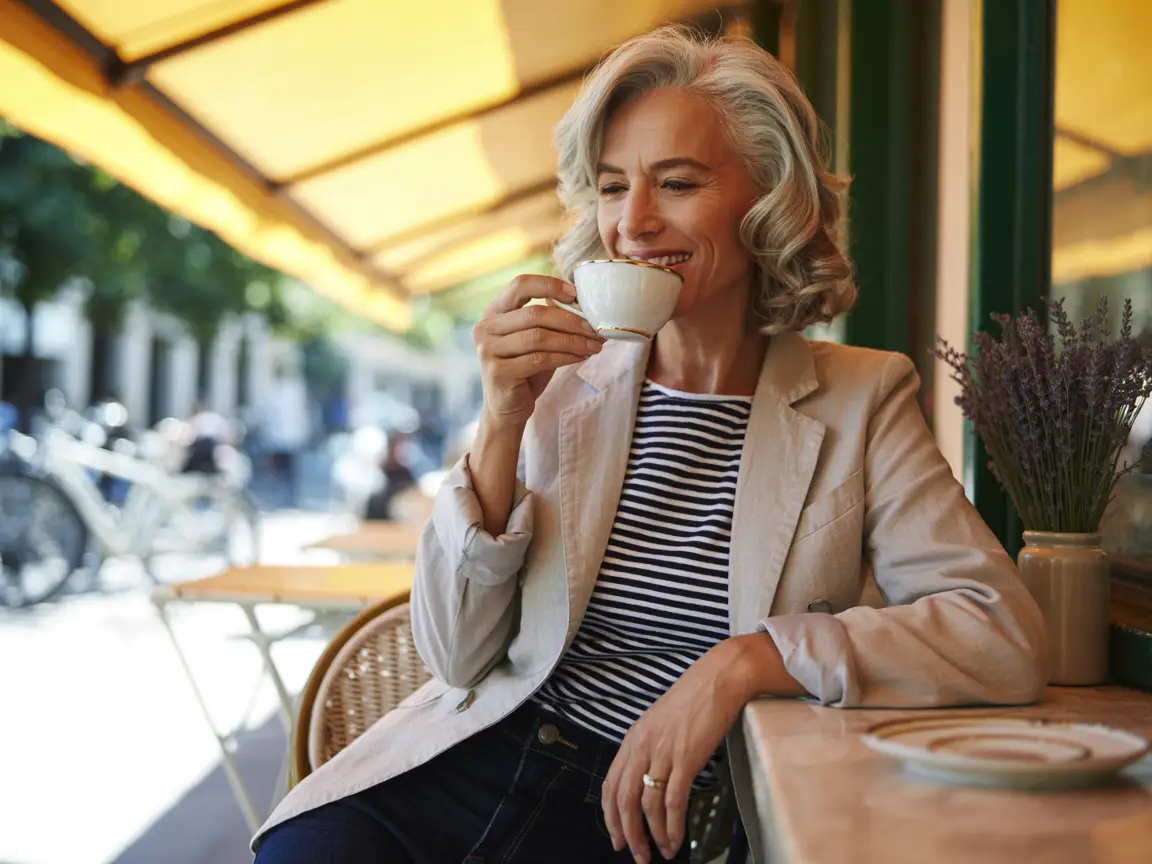 Older woman enjoying a cup of coffee at an outdoor café, natural smile, casual chic outfit.