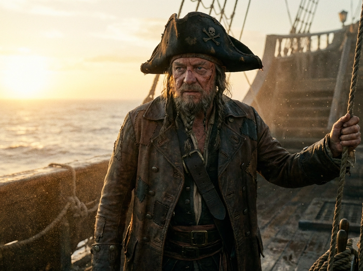 Epic anime style portrait of a pirate captain with a straw hat, standing on a sunny ship deck, vibrant blue sea background, Eiichiro Oda art style, cinematic lighting, bold lines. 