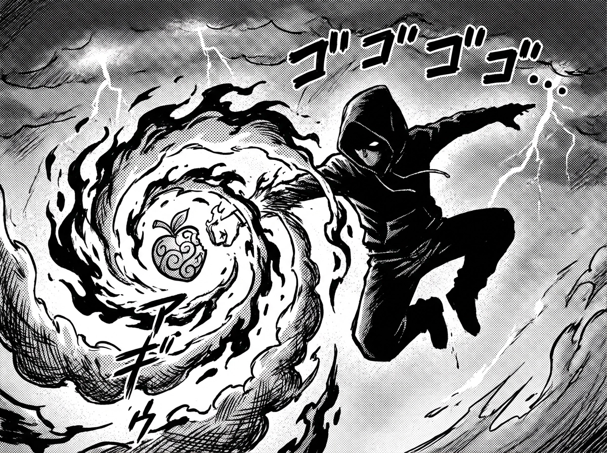 Devil Fruit user activating an elemental power, swirling flames and smoke, dynamic pose, high-contrast manga shading, dramatic sky background.