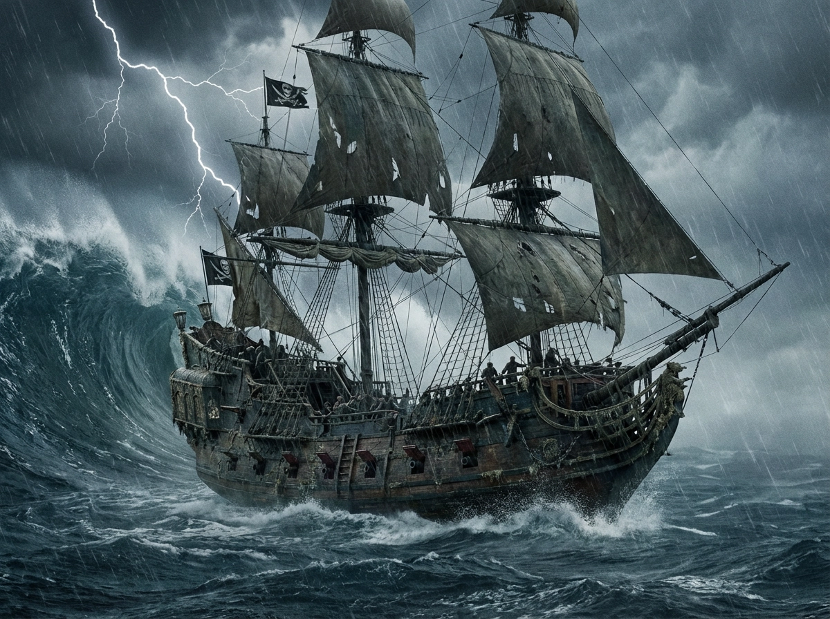 Realistic cinematic version of a pirate ship sailing through a massive storm, high waves, lightning flashes, epic scale, hyper-detailed maritime art.