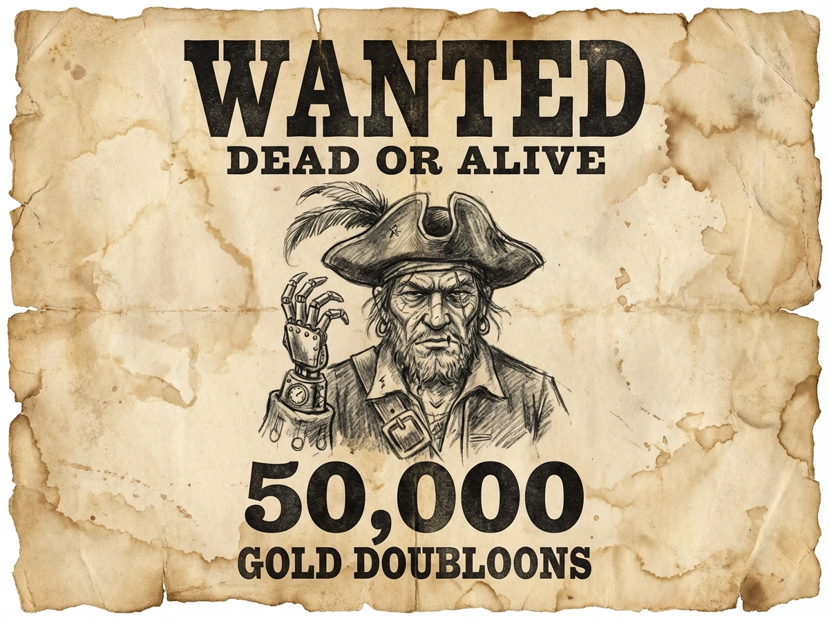 Stylized wanted poster design of an original pirate character, aged parchment texture, bold "WANTED" typography, high bounty numbers, hand-drawn sketch style.