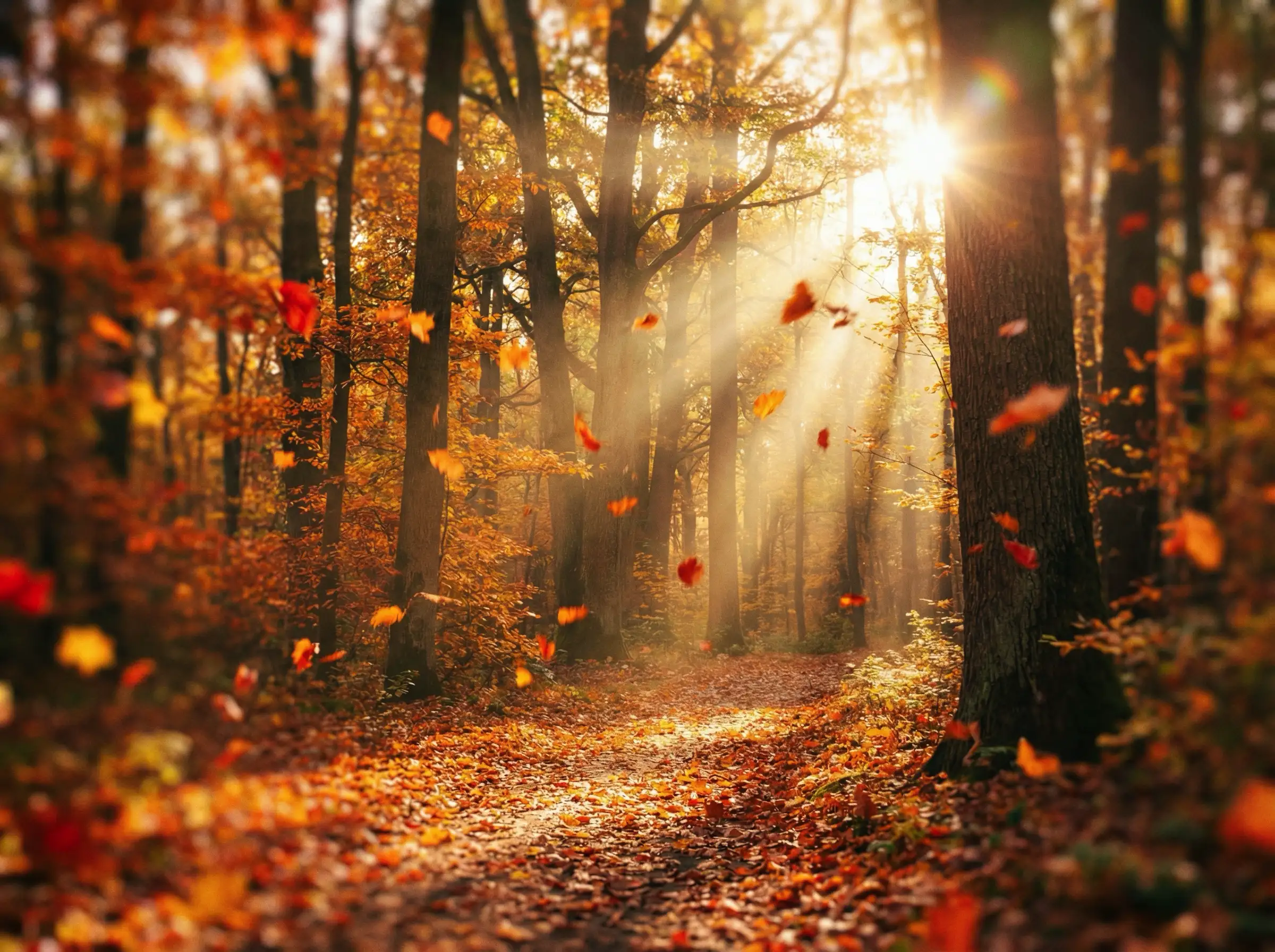 Orange autumn forest with falling leaves, golden sunlight beams shining through tall trees, dreamy depth of field.
