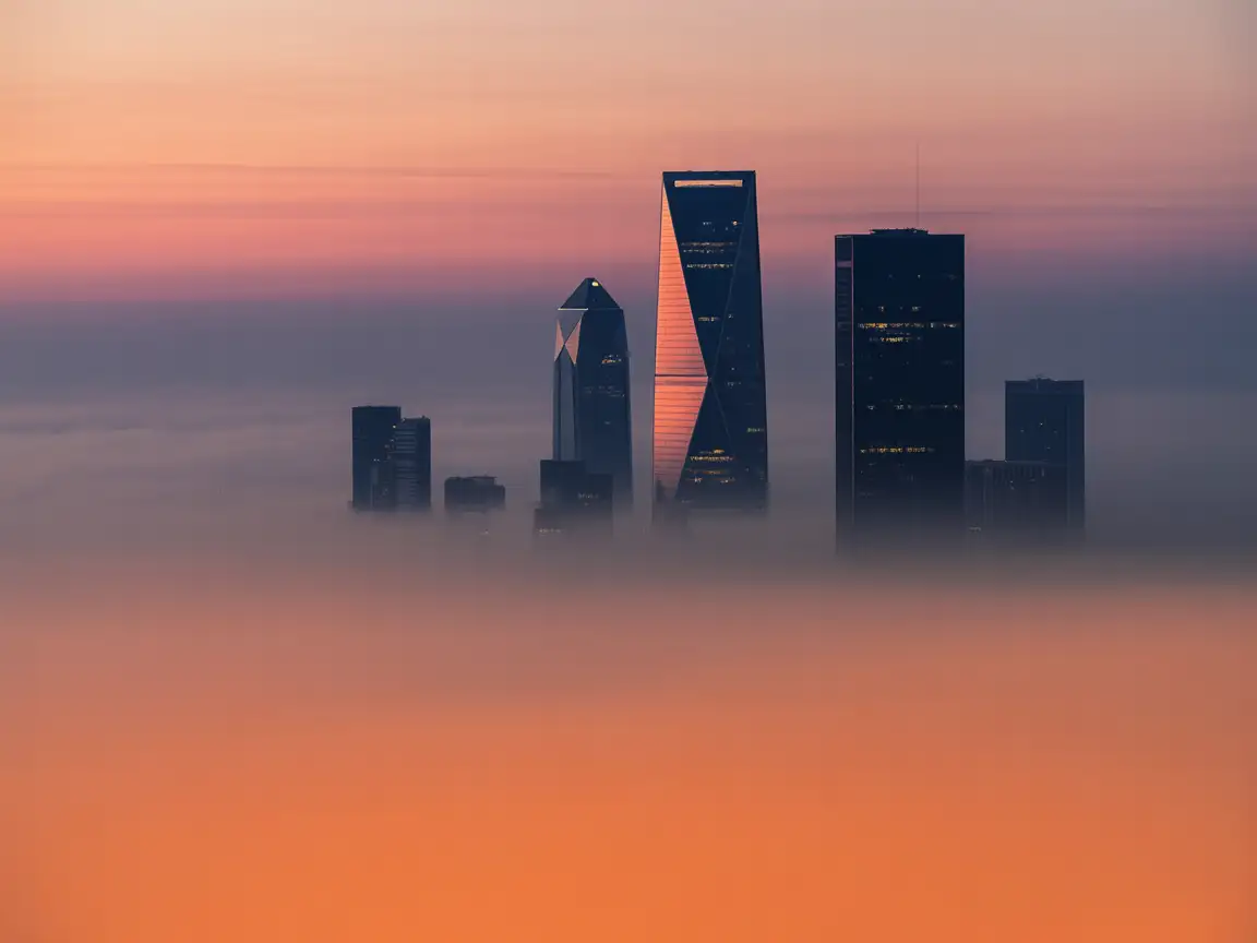 Minimal modern city skyline covered in orange fog, glowing window lights, futuristic warm-toned mood.
