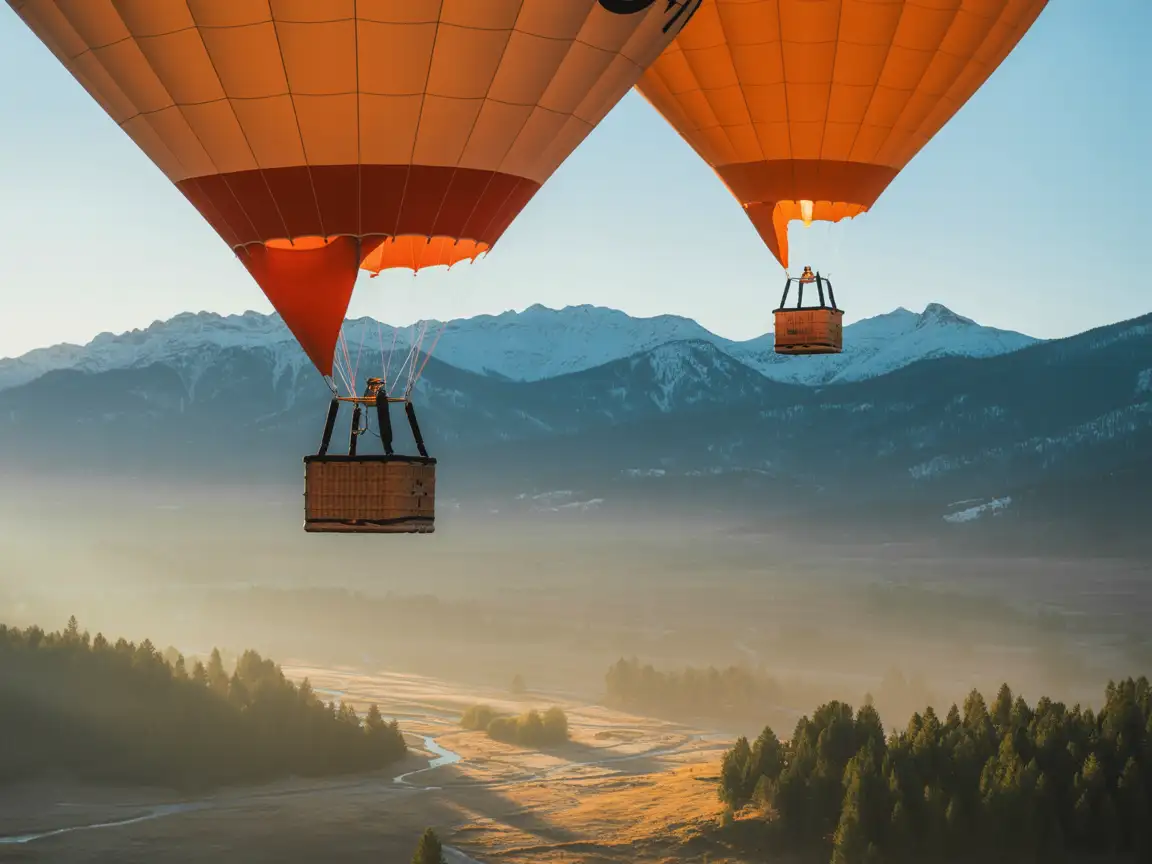 Orange hot air balloons drifting over mountains at sunrise, soft haze, peaceful epic vista.