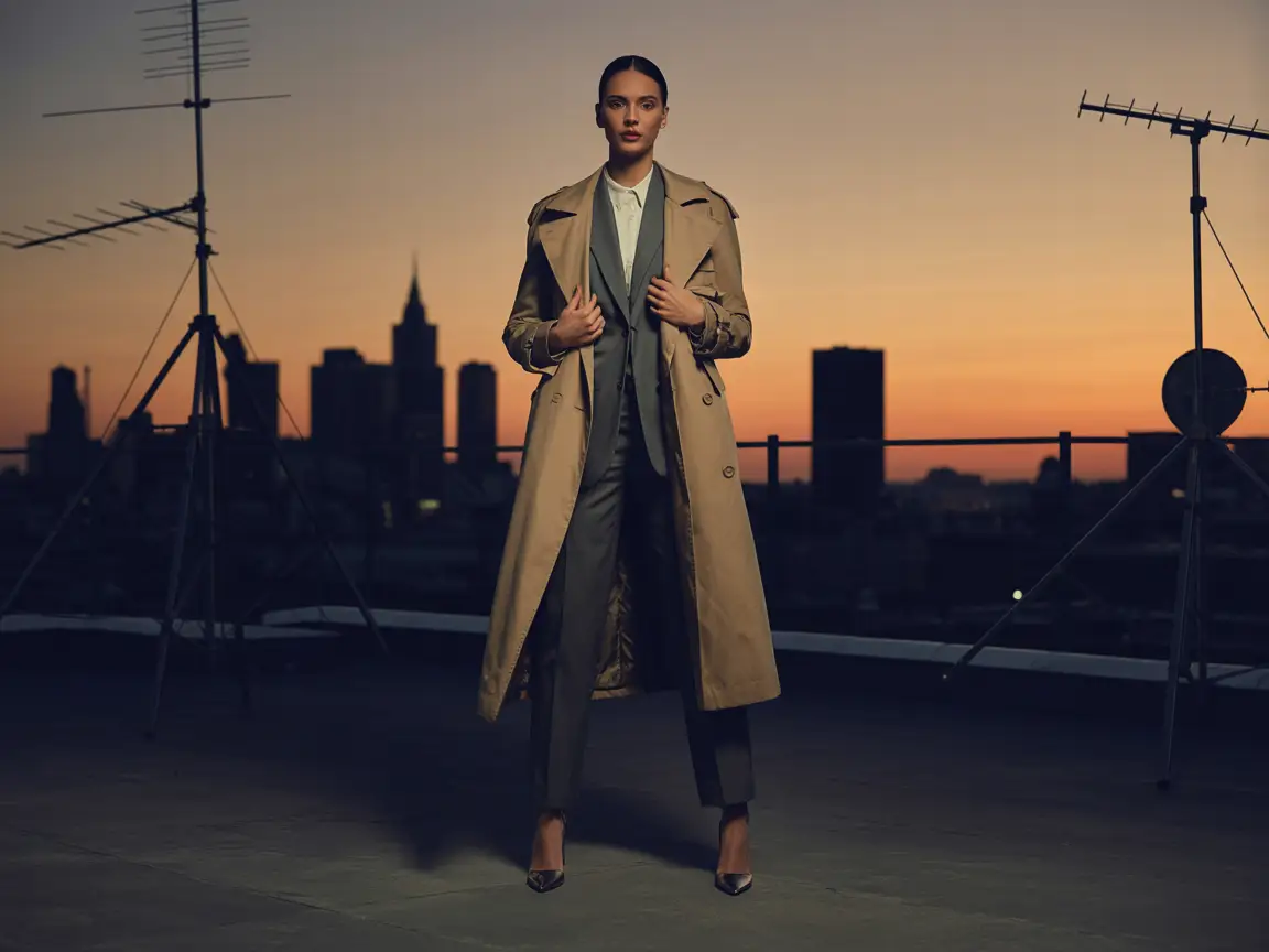 Chic trench coat over tailored suit, high heels, rooftop city skyline at sunset, dramatic shadows, magazine cover style