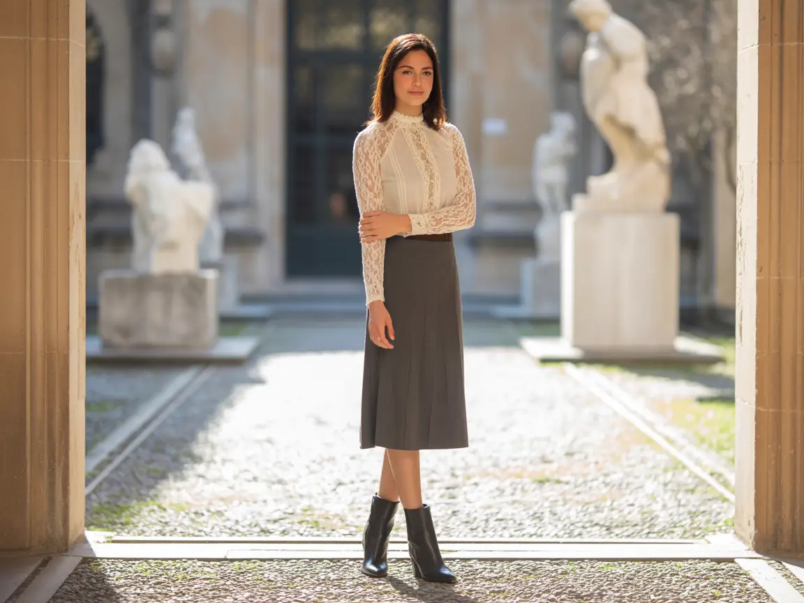 High-neck lace blouse, tailored skirt, leather ankle boots, art museum courtyard, natural diffused light, fashion photography