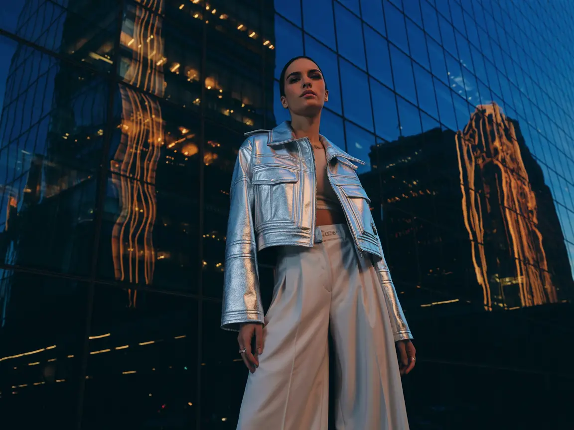 Statement metallic jacket, wide-leg trousers, reflective glass building background, dramatic evening lighting, glossy editorial style