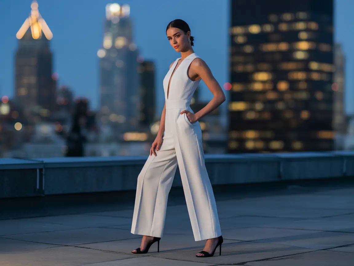 Minimalist jumpsuit, stiletto heels, rooftop with city lights, fashion magazine editorial composition