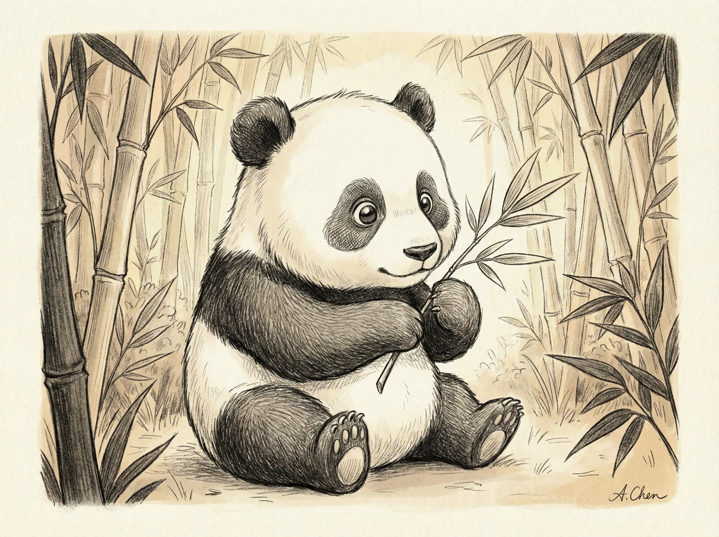 Cute panda sitting under bamboo trees, soft hand‑drawn style, gentle shading, warm and friendly atmosphere, clean illustration aesthetic