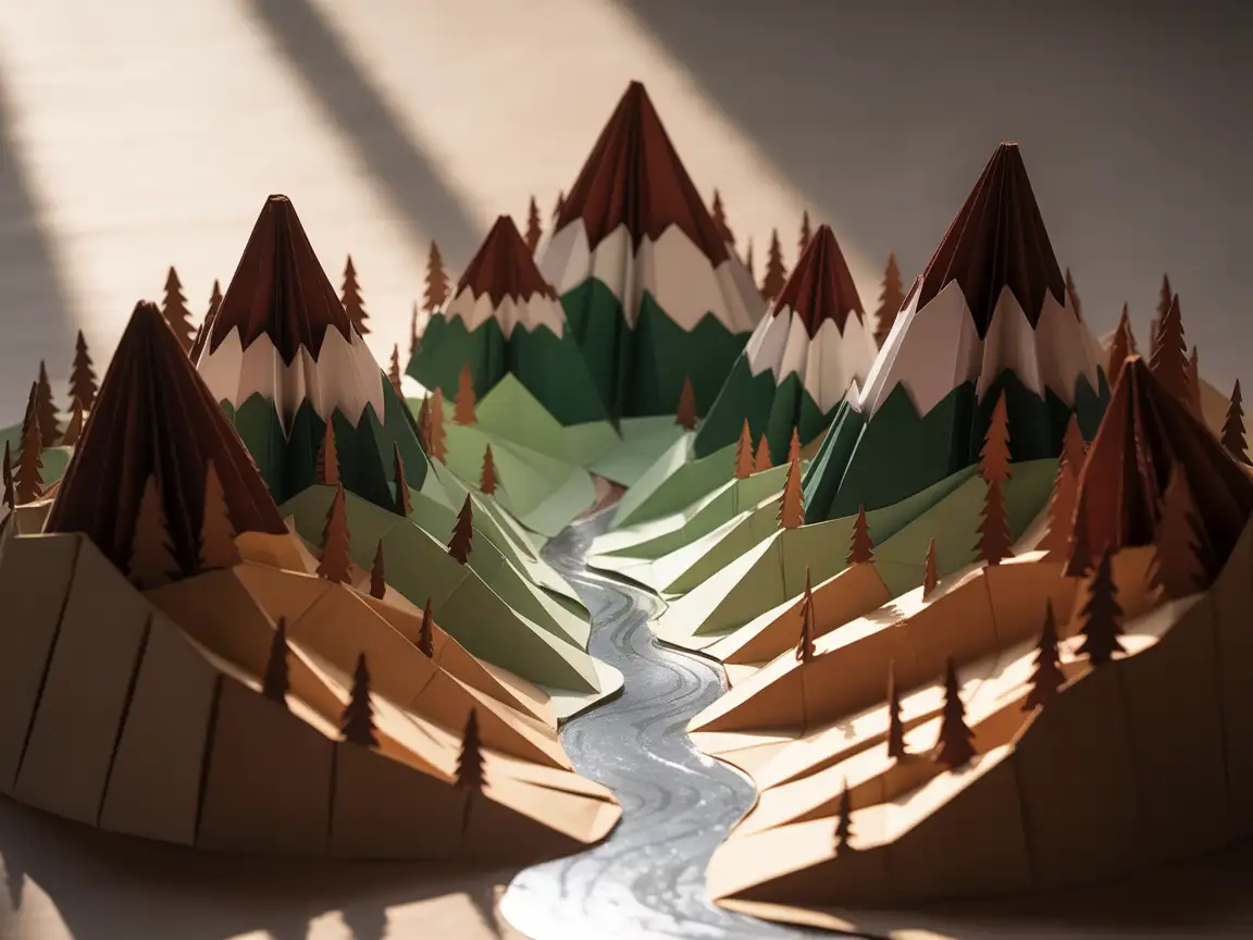 A papercraft model of a mountain range, complete with pine trees, winding rivers, and hiking trails.
