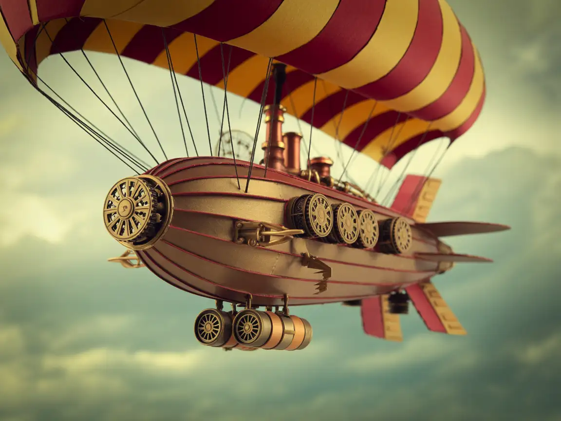 A paper model of a steampunk-inspired airship, featuring brass engines, intricate gears, and colorful sails.