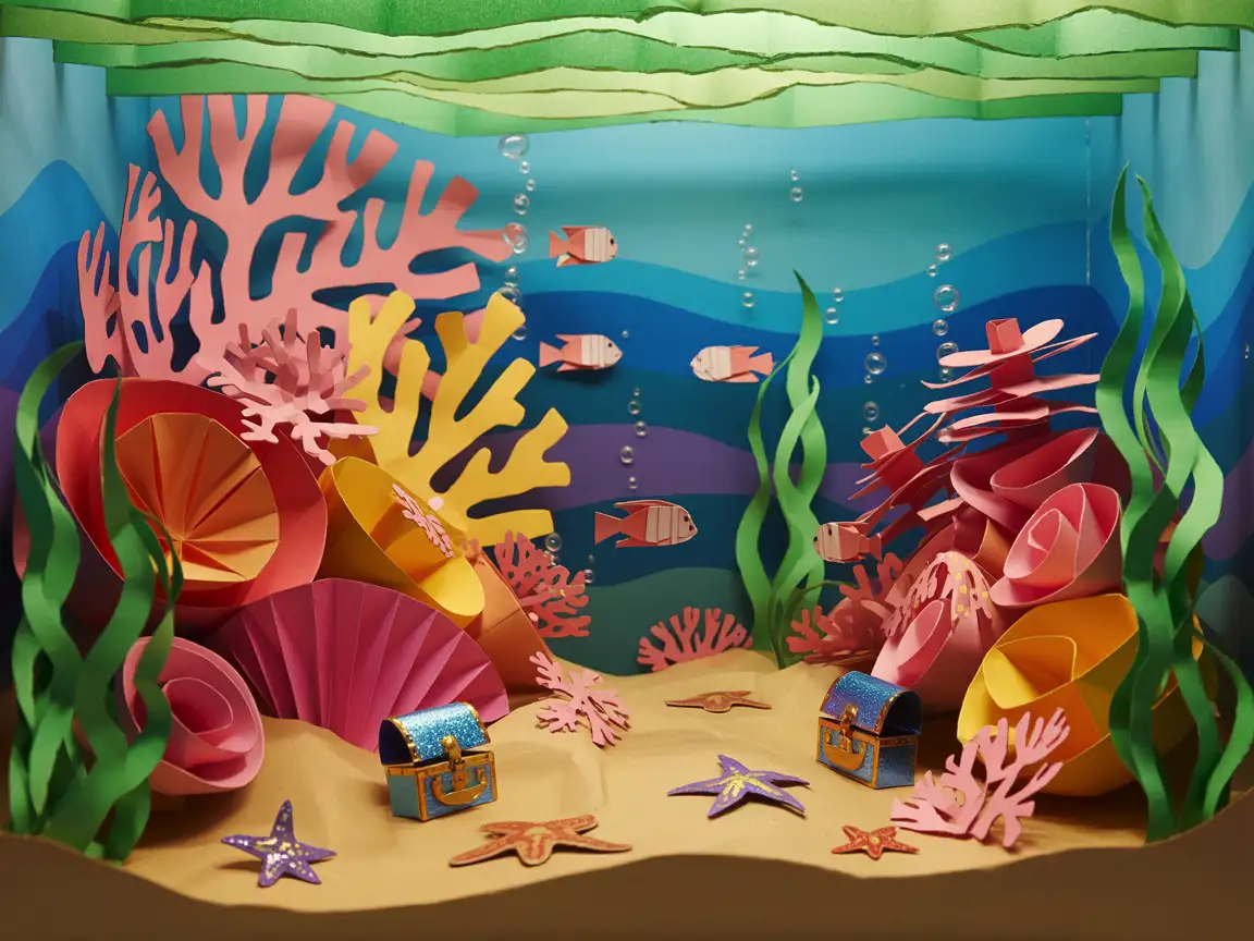 A papercraft diorama of an underwater world, including coral reefs, fish, and submerged treasure.