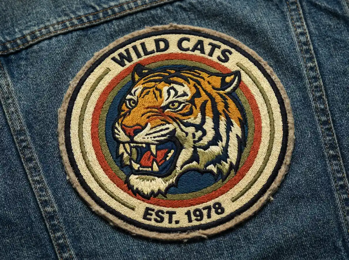 A vintage embroidered patch featuring a roaring tiger head, bold outlines, textured stitching, circular badge shape, retro color palette.