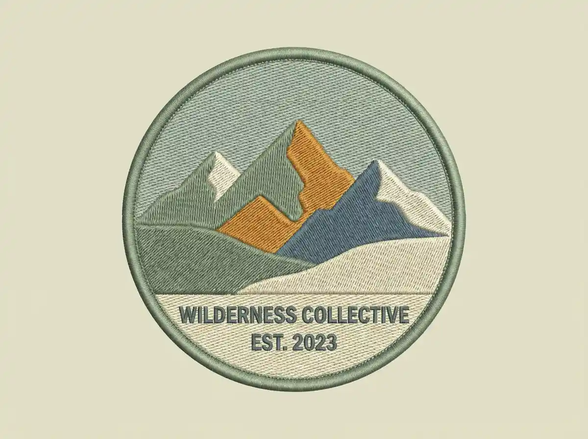 A minimalist mountain-themed embroidered patch, flat vector style, muted earth tones, clean stitching texture.