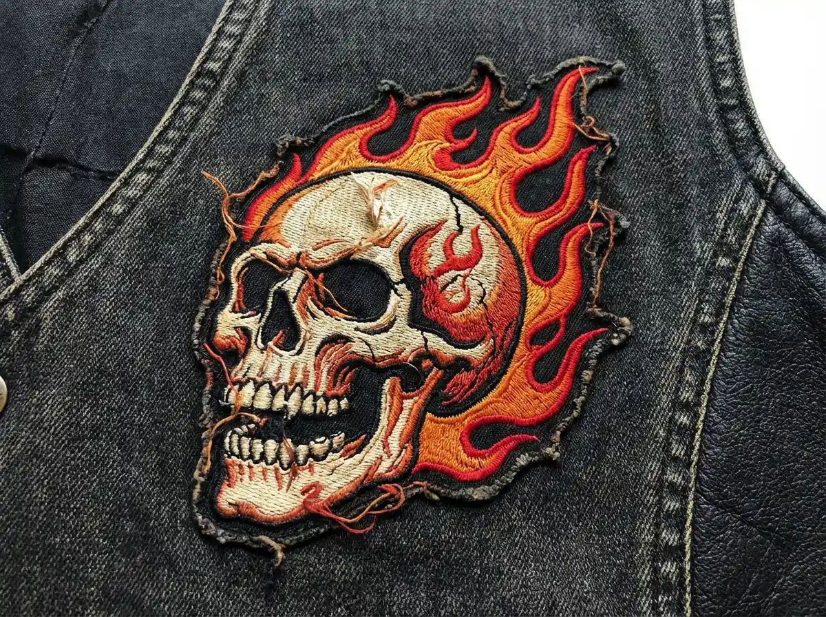 A bold skull patch with flames, heavy embroidery texture, biker patch style, dark background.