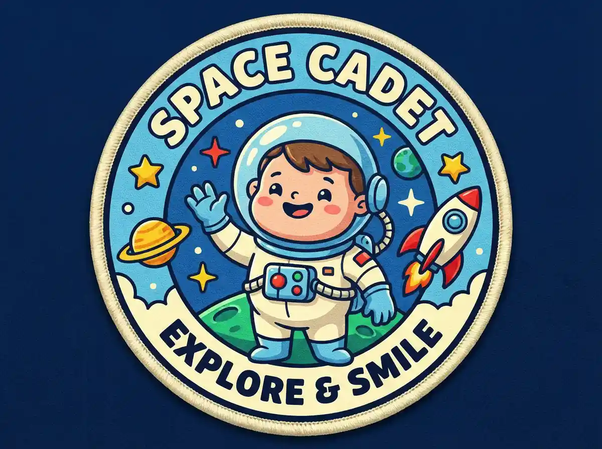 A cute cartoon astronaut patch, rounded badge shape, bright colors, playful illustration style.