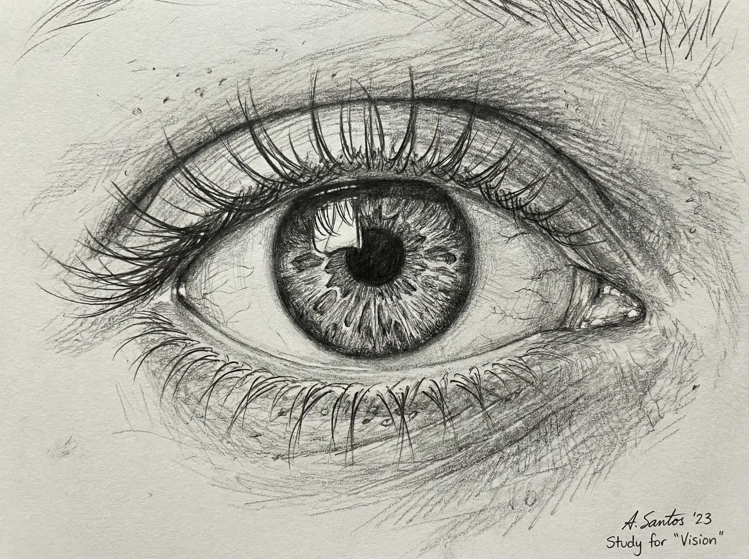 Close‑up pencil drawing of an eye, ultra‑detailed graphite texture, realistic shading, hand‑drawn sketch quality, professional drawing reference, high resolution