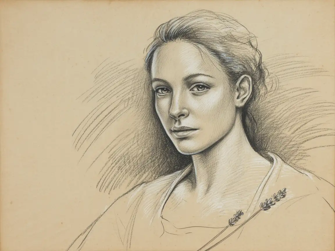 Portrait pencil sketch of a young woman, soft graphite shading, natural facial proportions, expressive eyes, realistic hand‑drawn style