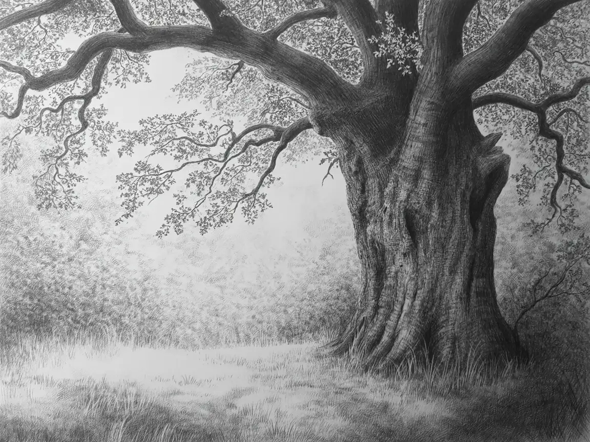 Pencil drawing of an old tree, detailed bark texture, fine line work, shadows and depth, traditional sketchbook style