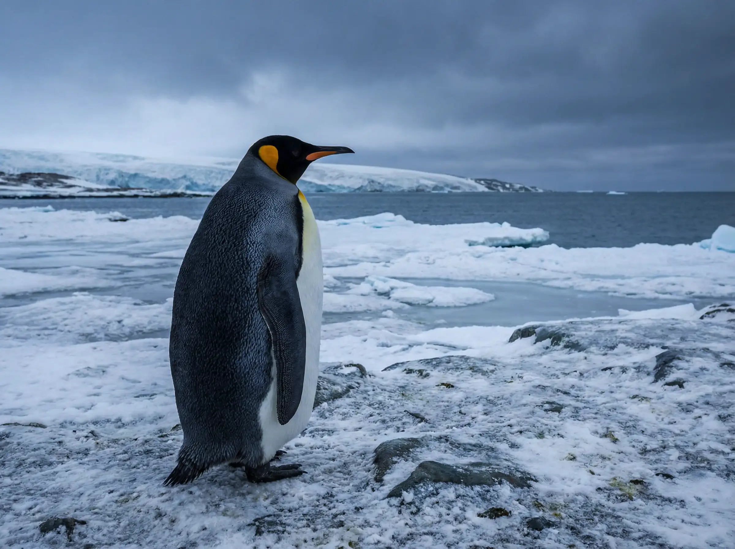 Pinguim em pé em terreno gelado, penas e forma corporal realistas, iluminação polar fria, sombras azuis suaves, fotografia de vida selvagem cinematográfica, realismo no estilo documentário