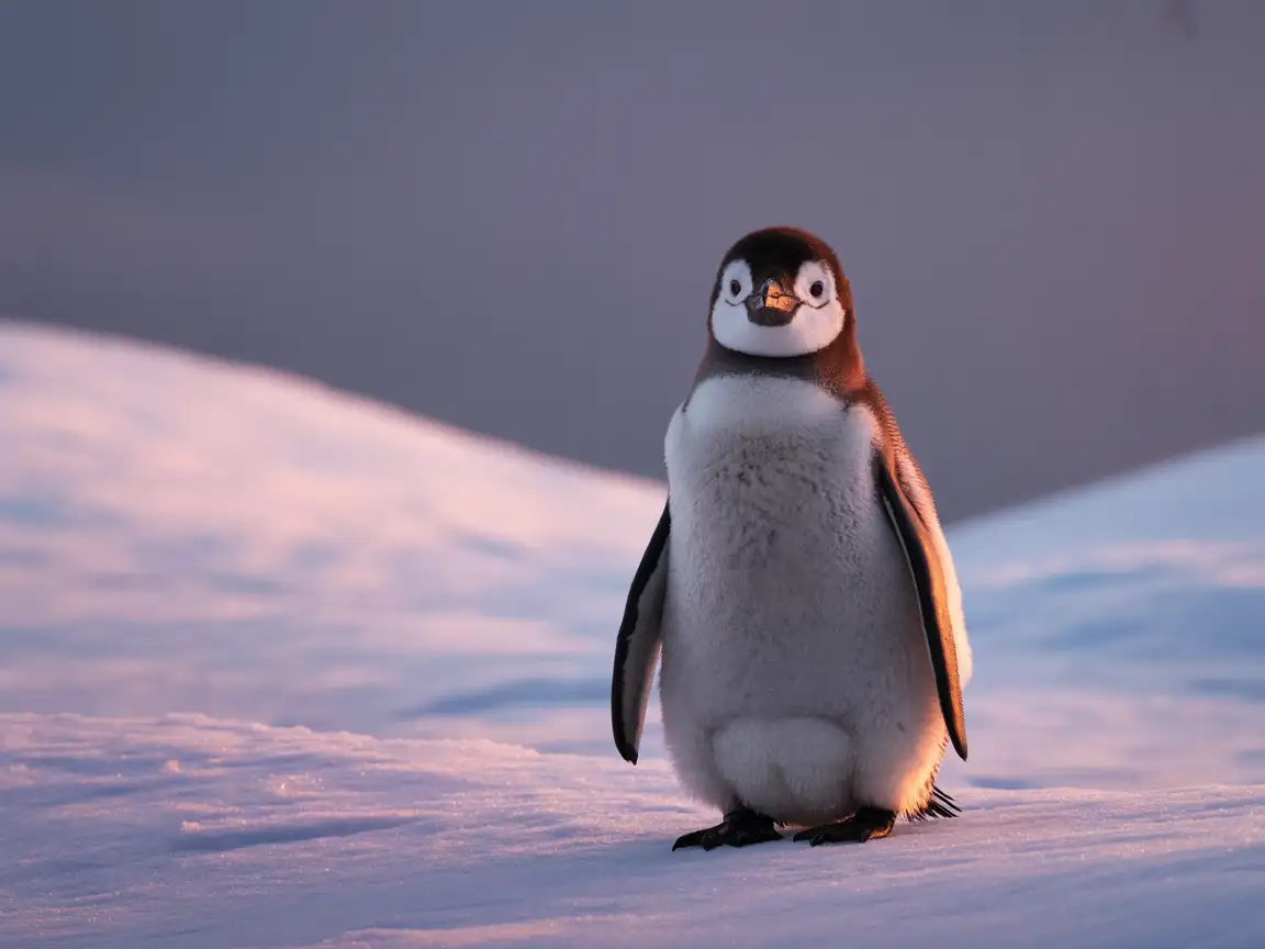 可爱的小企鹅站在雪地上，柔软蓬松的羽毛，温柔的粉彩色调，自然的阴天照明，温暖而欢乐的心情