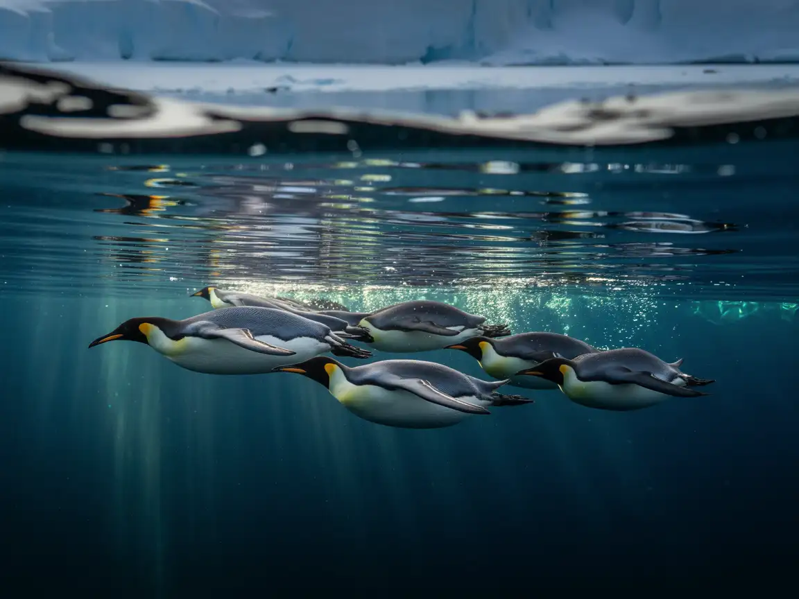 企鹅在水下游泳，动态运动，逼真的气泡和光线，冷蓝色调，电影般的野生动物摄影