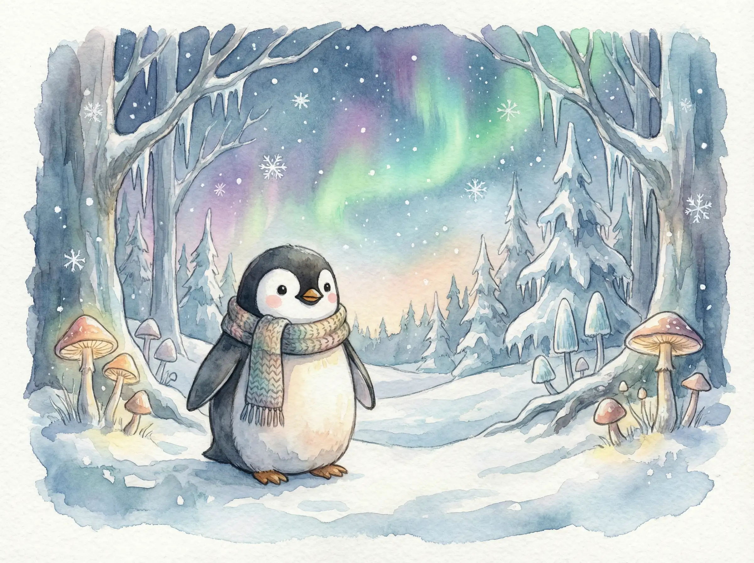 企鹅的艺术插图，水彩纹理，柔和边缘，冬季童话氛围，手绘风格