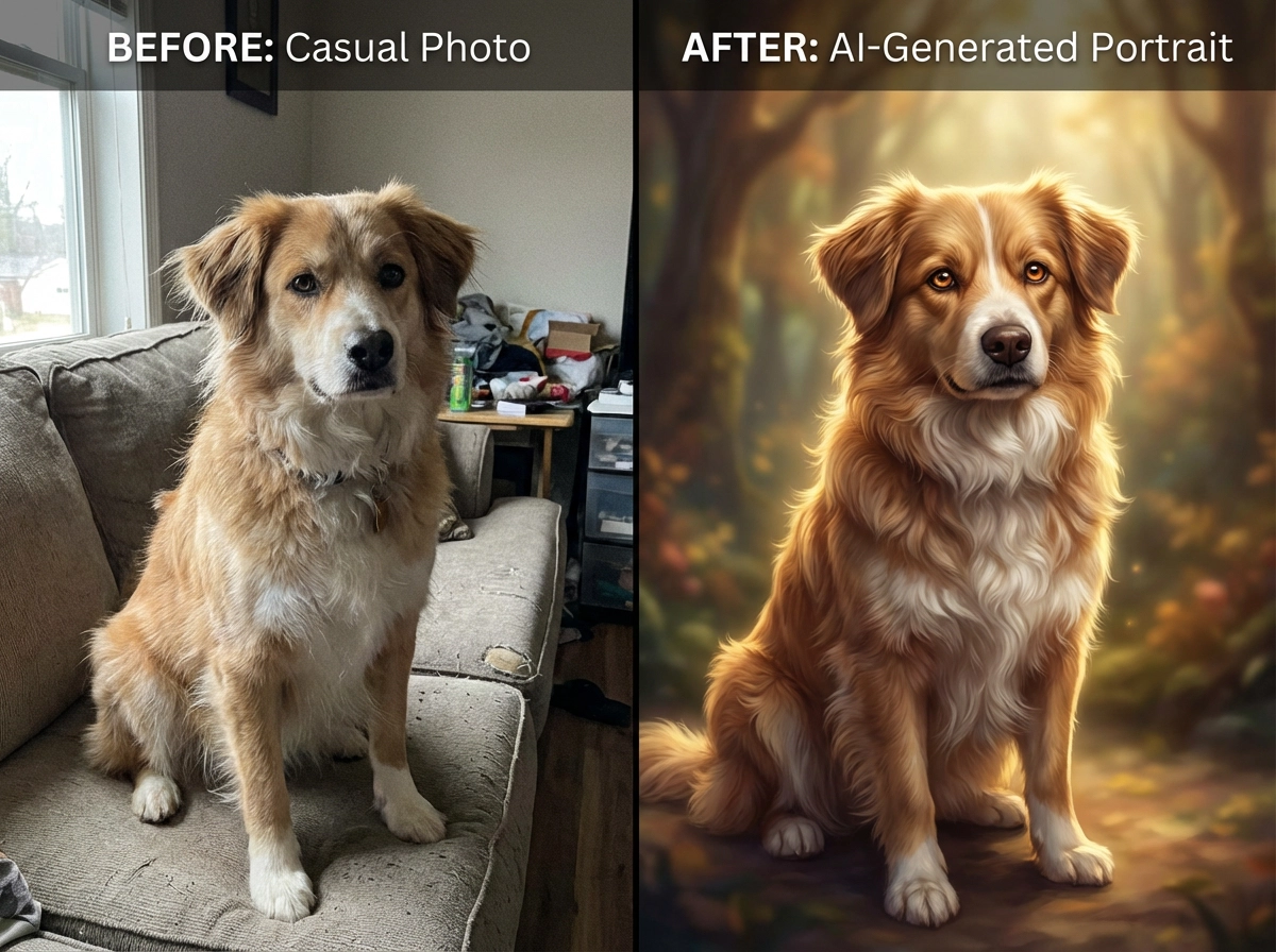 Selfie-style pet photos → artistic portraits