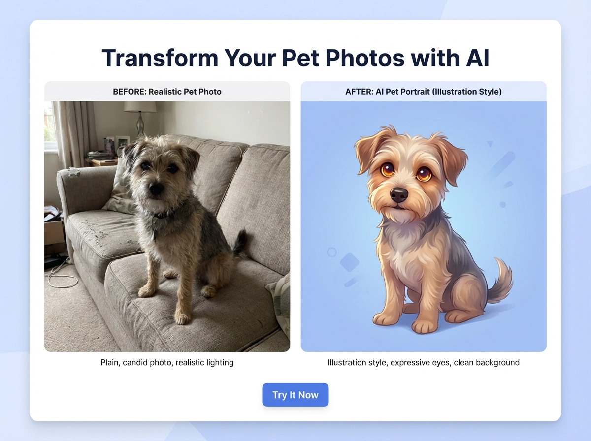 Ordinary photos → illustration-style pet portraits