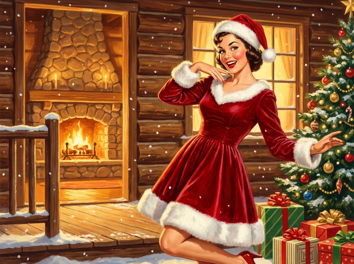 Festive holiday-themed pin-up, woman in a retro Santa outfit, snowy cabin background, warm glowing fireplace, joyful seasonal mood, classic illustration style.