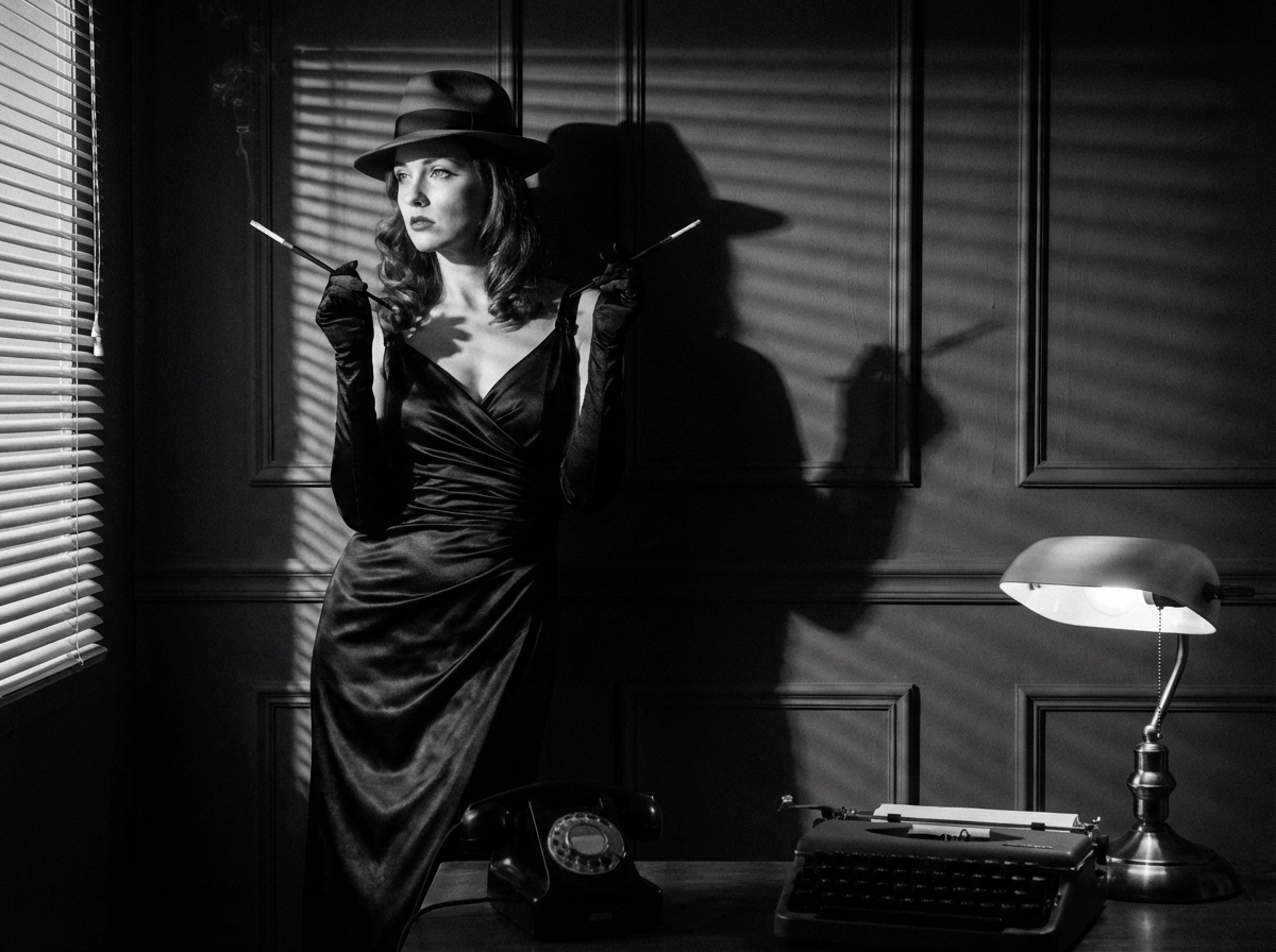 Noir-style pin-up, elegant evening gown, dramatic cinematic shadows, 1940s mystery mood, sophisticated black and white artistic photography style.