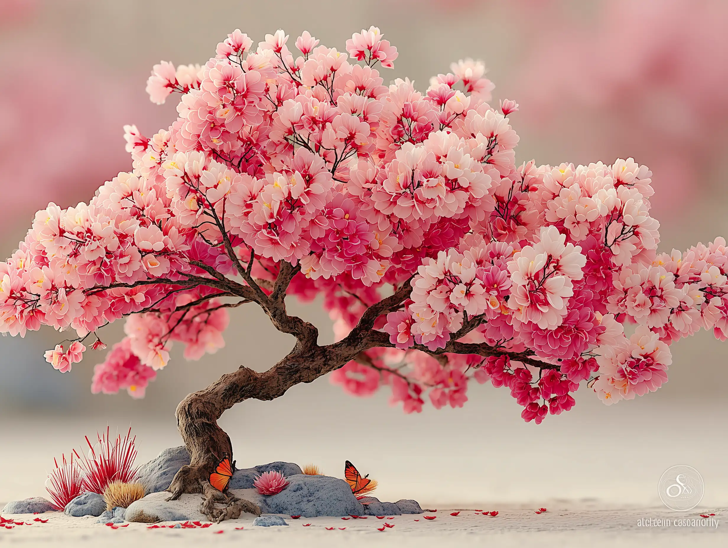 3D stylized pink cherry tree with glossy petals, soft studio lighting, cute miniature scene, gentle aesthetic vibe