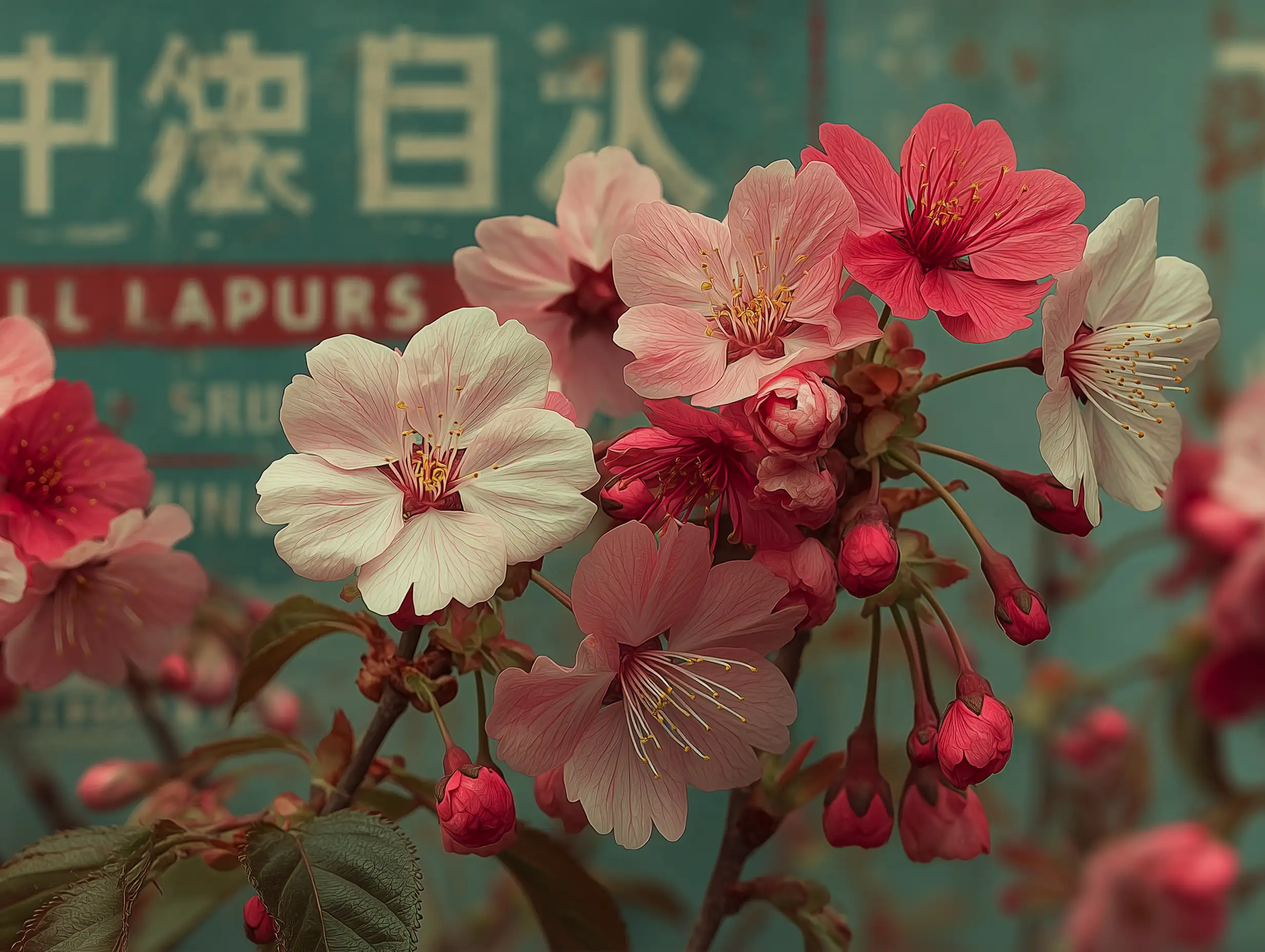 Vintage-style poster featuring pink cherry blossoms, grain texture, muted pastel palette, elegant typography space, nostalgic soft vibe