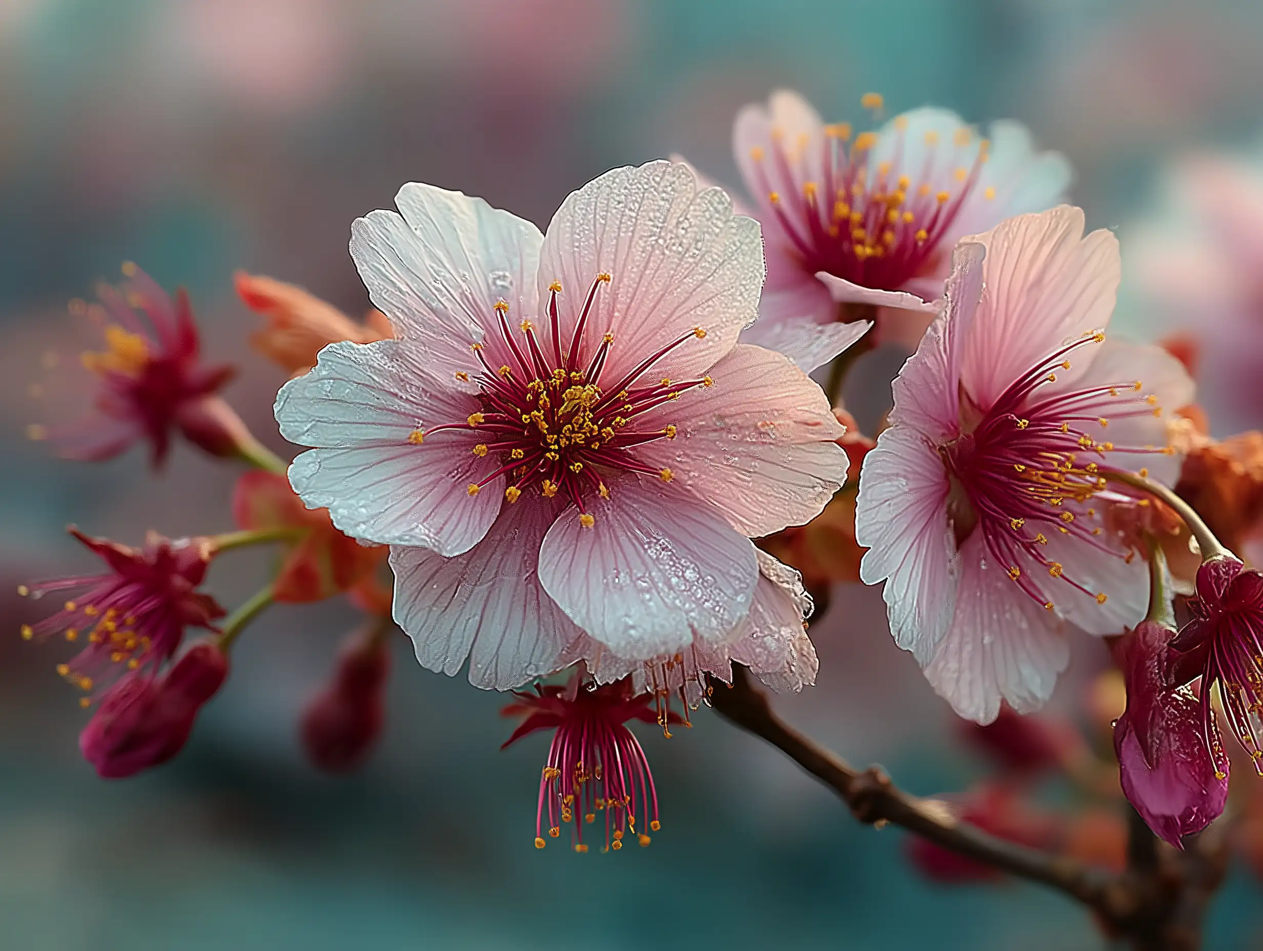 Realistic macro close-up of pink cherry blossoms, soft depth of field, glowing sunlight, delicate texture, serene spring mood