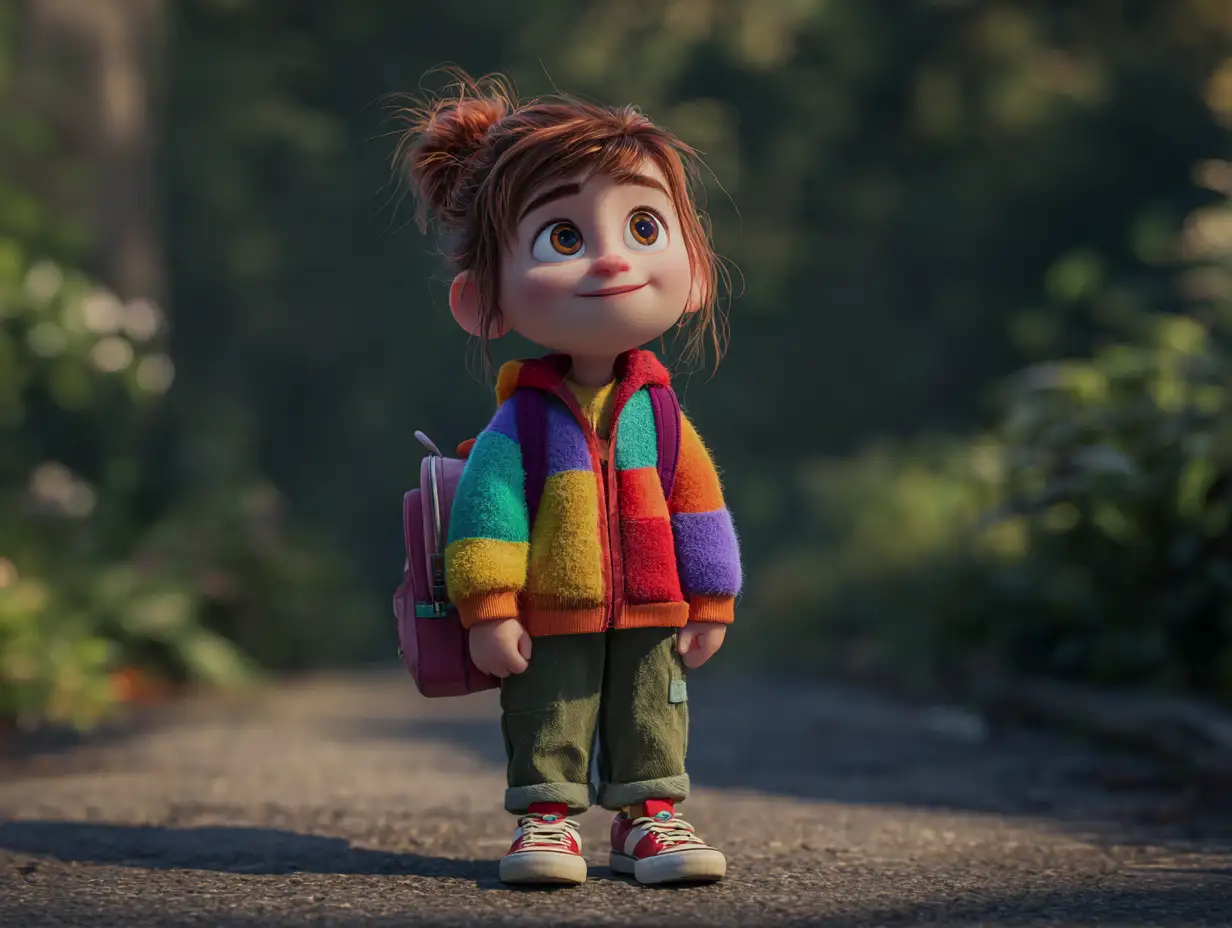 Pixar child character holding a small backpack, colorful outfit, gentle rim light, playful optimism, high-quality animated film look