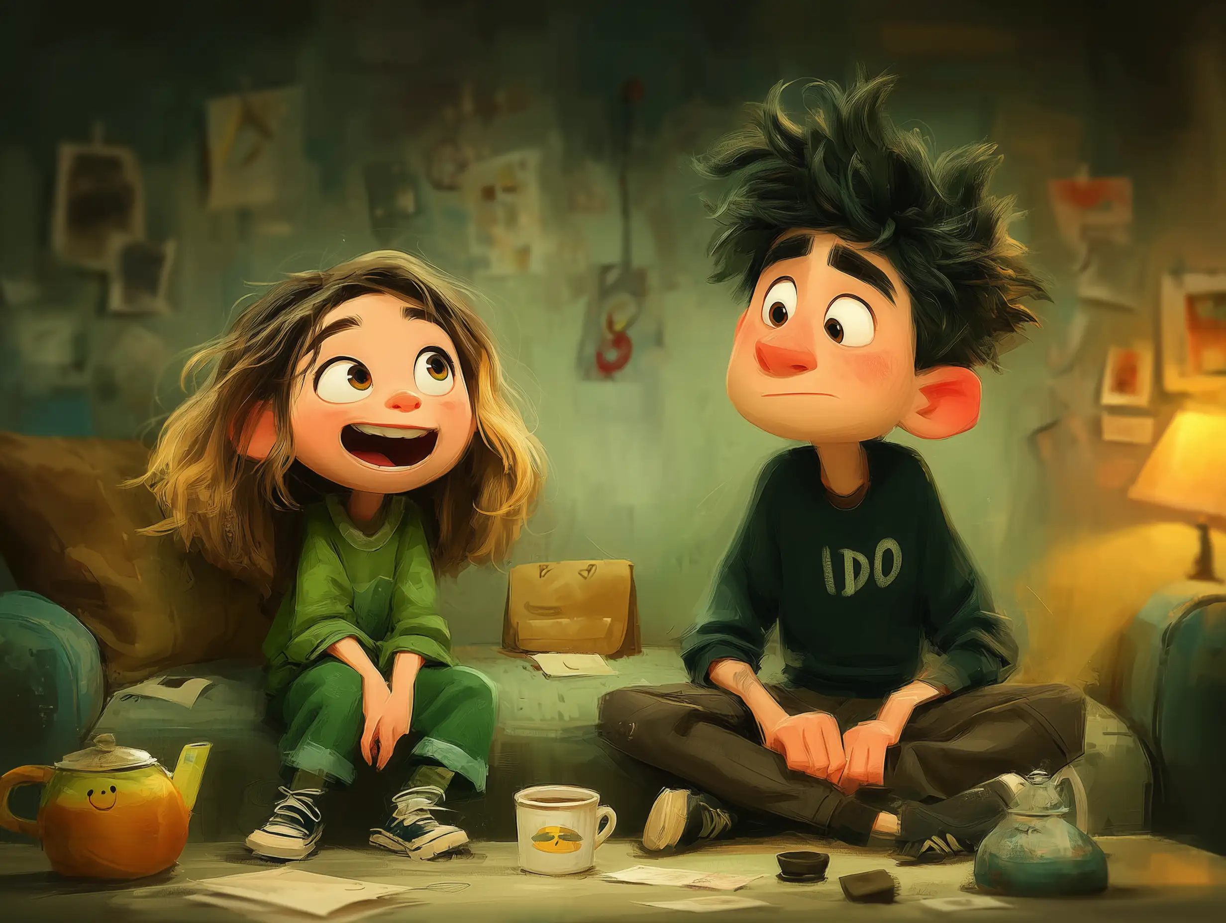 Pixar-inspired scene of two characters sharing a joyful moment, warm lighting, subtle depth of field, heartfelt animated film mood