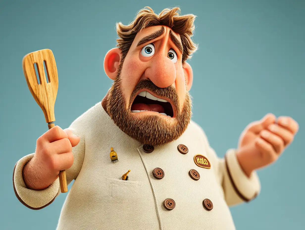 Pixar-inspired stylized character design of a chef, rounded features, expressive pose, warm key light, polished animation style